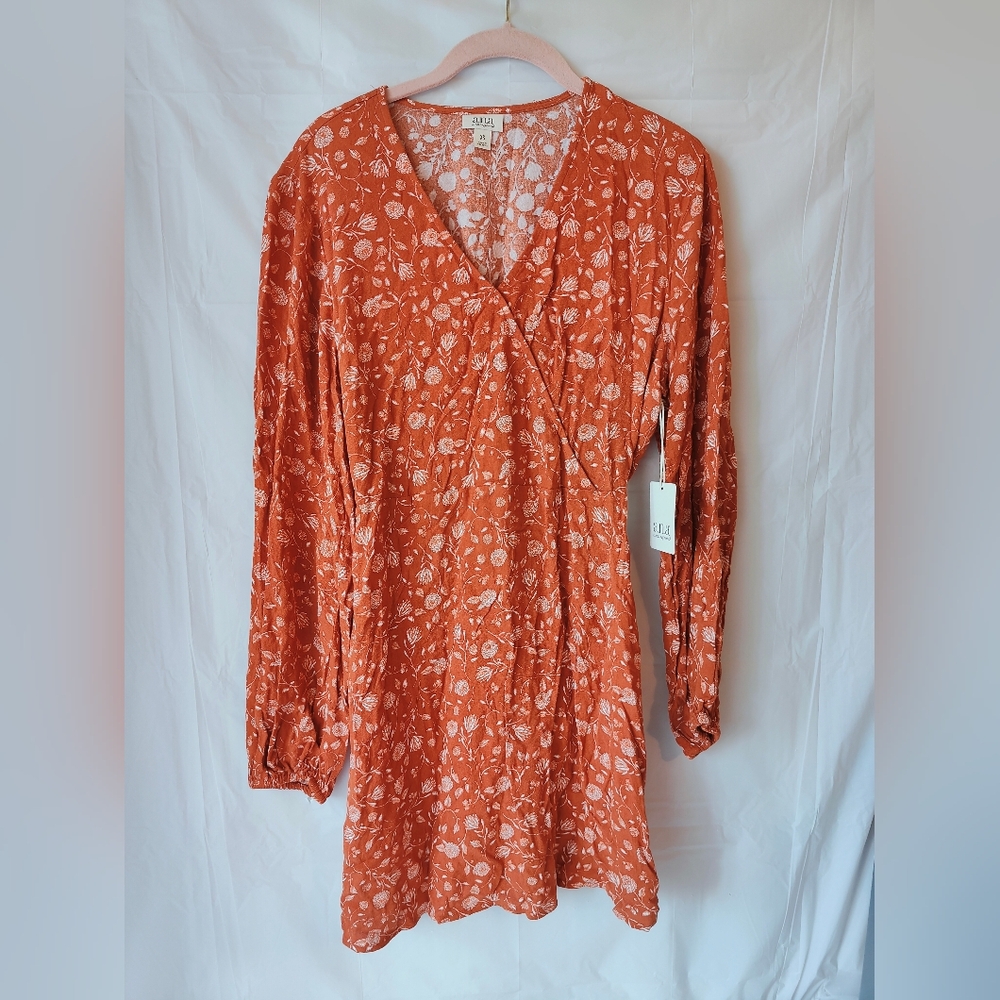 Fall Vibes Etched Floral Bombay Dress Size XS Long Elastic Sleeve, Elastic Waist